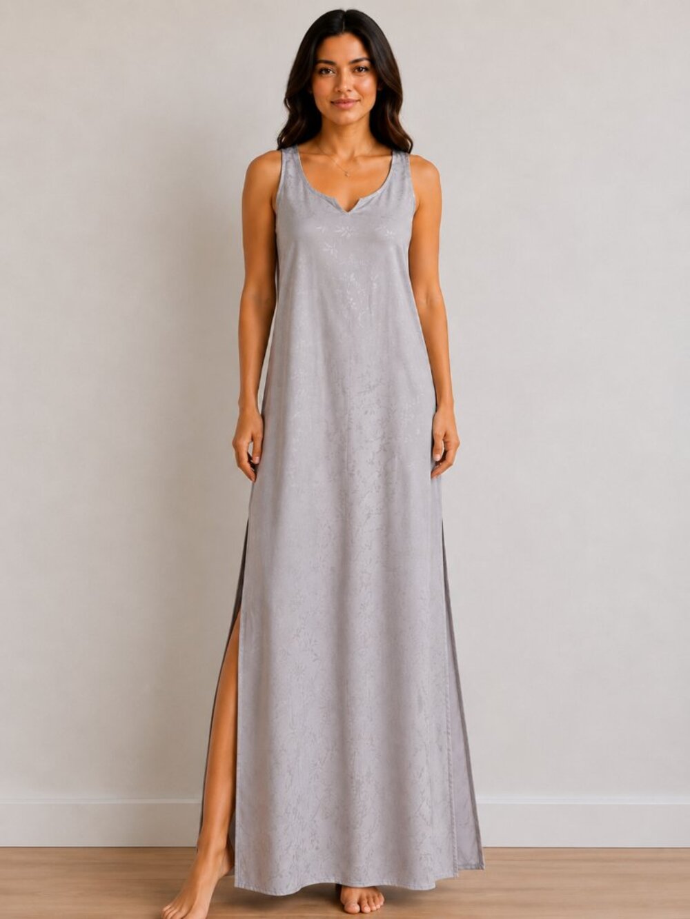 Vintage Silver Maxi Dress 12 Floral Jacquard Slit Both Sides Sleeveless Evening